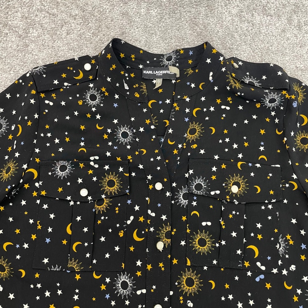 Karl Lagerfeld Blouse Womens Small Witchy Celestial Moon Star Black Button Down